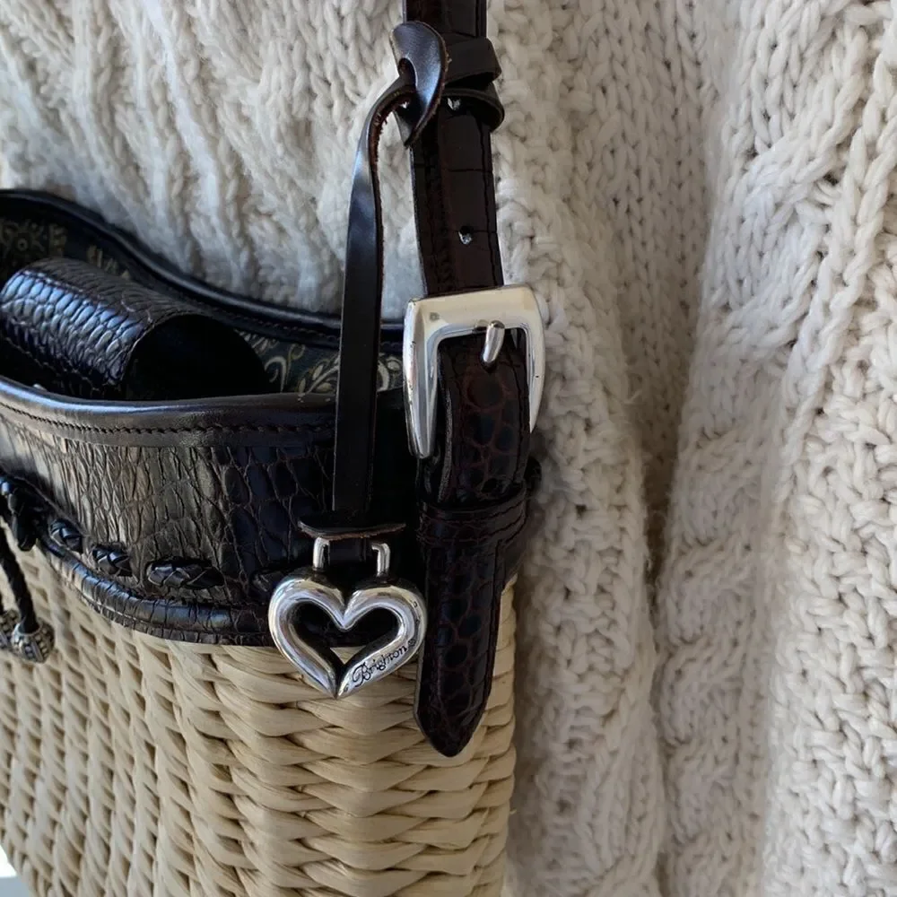 Woven Straw Crossbody with Dark Brown Leather Trim - Picture 6 of 11